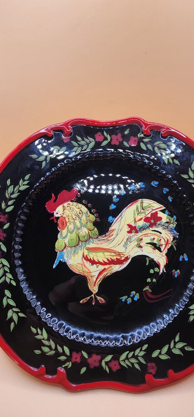 April Cornell Provence Rooster Plate Certified International Black Red Scalloped